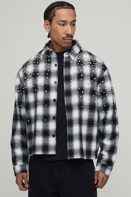 Oversized Boxy Jewel Rhinestone Check Shirt - Image 1