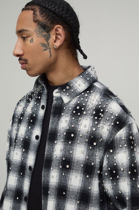 Oversized Boxy Jewel Rhinestone Check Shirt - Image 3