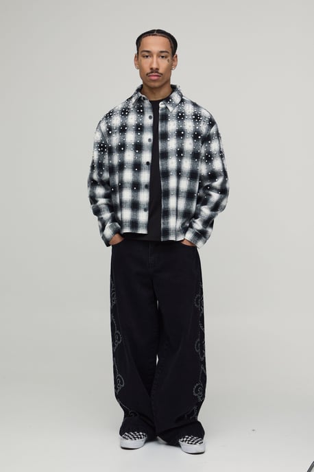 Oversized Boxy Jewel Rhinestone Check Shirt - Image 4