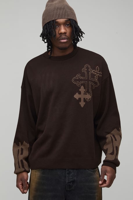Tall Oversized Boxy Cross Graphic Knitted Jumper - Image 1