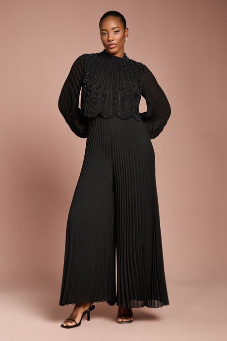 Long Sleeve Pearl Embellished Pleated Jumpsuit - Image 1