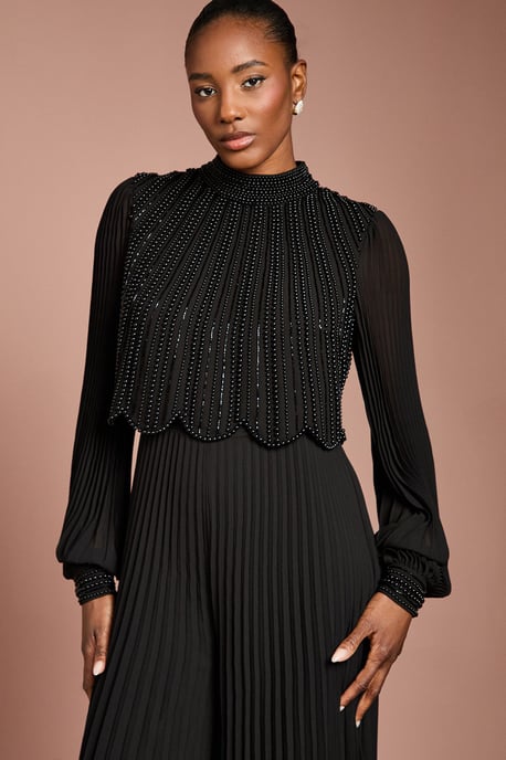 Long Sleeve Pearl Embellished Pleated Jumpsuit - Image 2