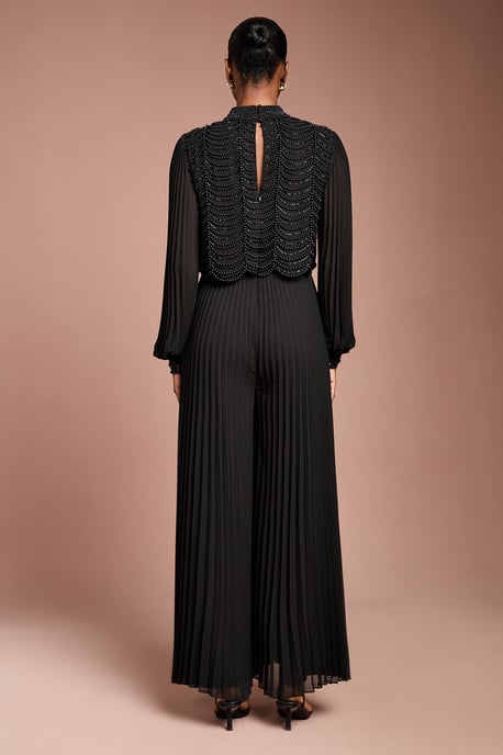 Long Sleeve Pearl Embellished Pleated Jumpsuit - Image 3