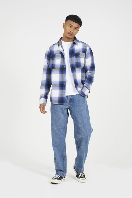 Blue Check Cotton Flannel Long Sleeve Shirt - Image 3