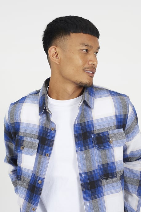 Blue Check Cotton Flannel Long Sleeve Shirt - Image 4