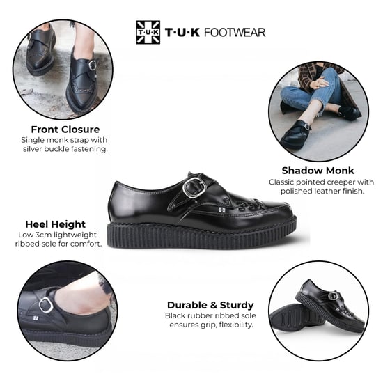 TUK Pointed Creeper Black Leather Monk Buckle Platform Shoes - A8520 - Image 2