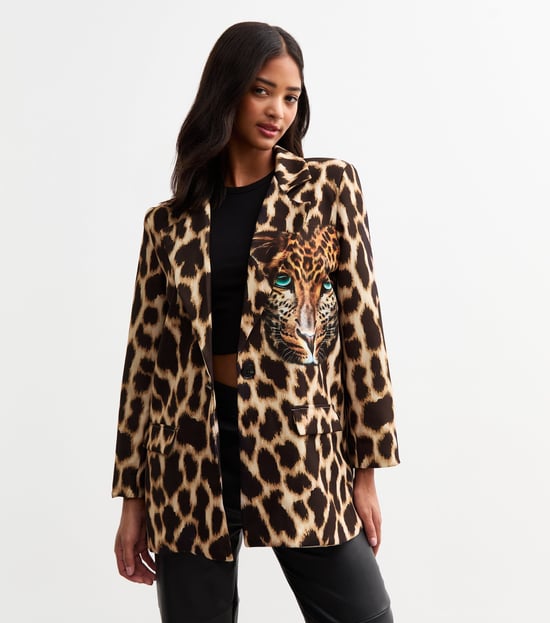 Brown Contrast Animal Edge to Edge Blazer - Image 3