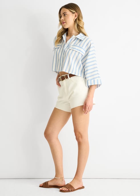 Blue Stripe Cotton Oversized Crop Shirt - Image 3