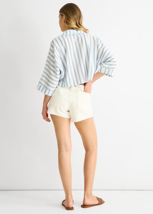 Blue Stripe Cotton Oversized Crop Shirt - Image 4