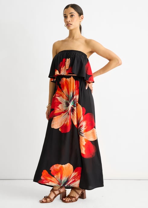 Black Bardot Ruffle Slit Viscose Midi Dress - Image 3