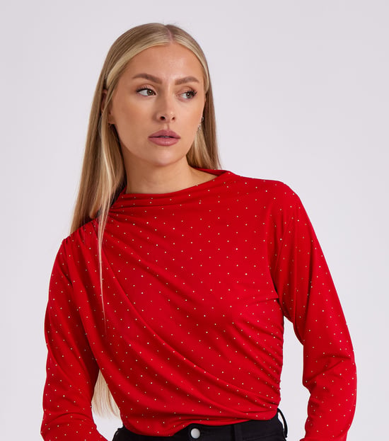 Red Diamante Stud Cowl Front Bodysuit - Image 2