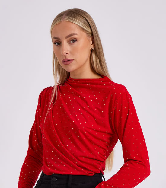 Red Diamante Stud Cowl Front Bodysuit - Image 3