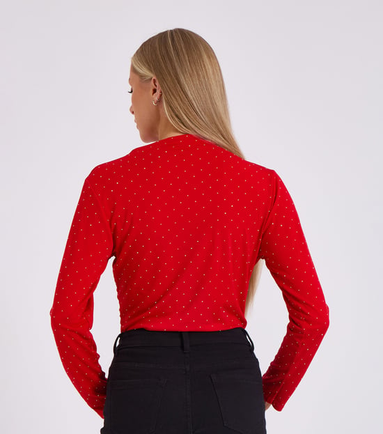 Red Diamante Stud Cowl Front Bodysuit - Image 4