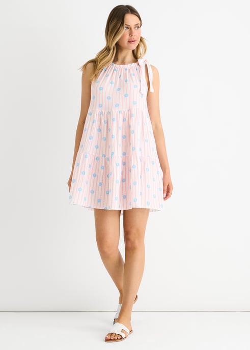 Pink Floral Stripe Cotton Tie Summer Mini Dress - Image 1