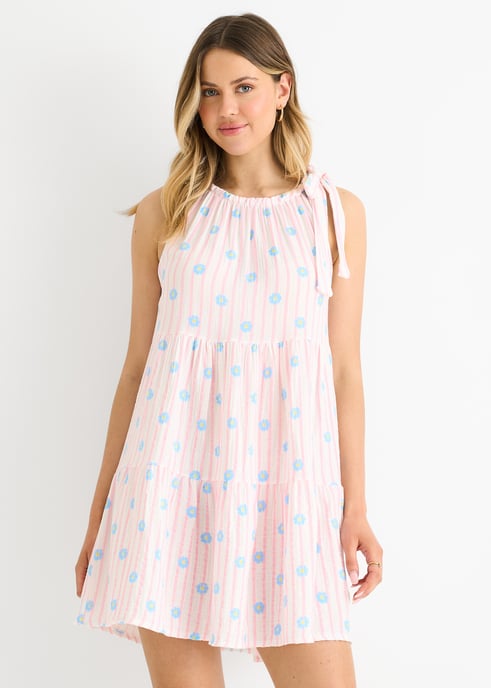 Pink Floral Stripe Cotton Tie Summer Mini Dress - Image 2