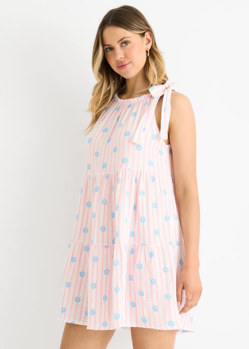 Pink Floral Stripe Cotton Tie Summer Mini Dress - Image 3