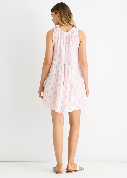 Pink Floral Stripe Cotton Tie Summer Mini Dress - Image 4