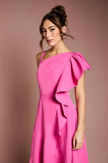 One Shoulder Crepe Ruffle Midi Dress - Image 2