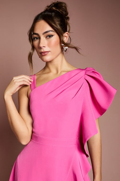 One Shoulder Crepe Ruffle Midi Dress - Image 4