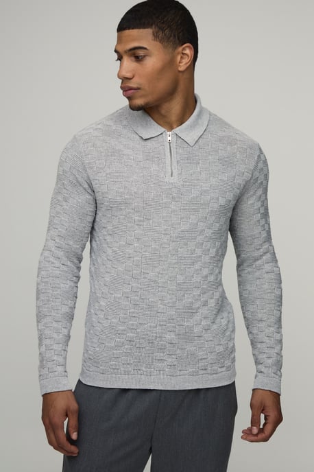 Regular Fit Basket Weave Long Sleeve 1/4 Zip Knitted Polo - Image 1