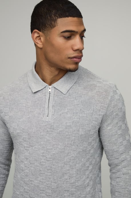 Regular Fit Basket Weave Long Sleeve 1/4 Zip Knitted Polo - Image 3