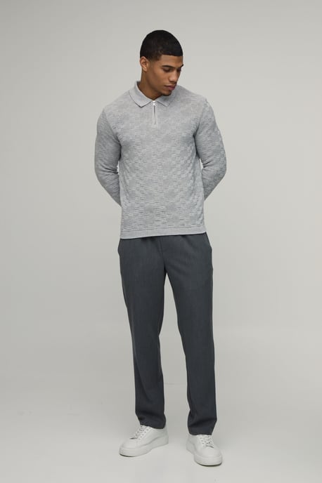 Regular Fit Basket Weave Long Sleeve 1/4 Zip Knitted Polo - Image 4