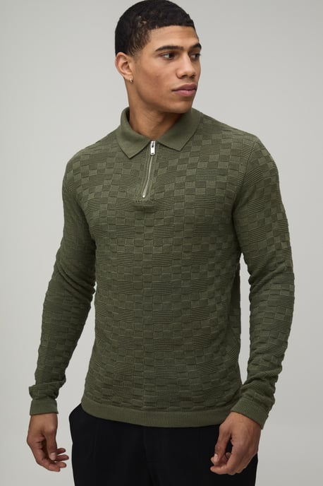 Regular Fit Basket Weave Long Sleeve 1/4 Zip Knitted Polo - Image 1