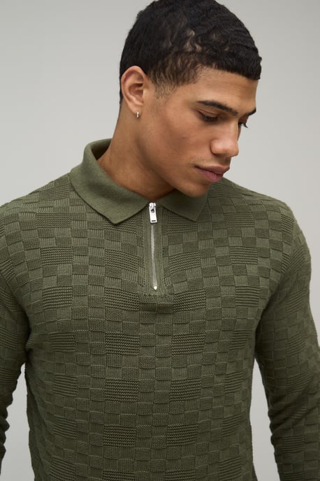 Regular Fit Basket Weave Long Sleeve 1/4 Zip Knitted Polo - Image 3