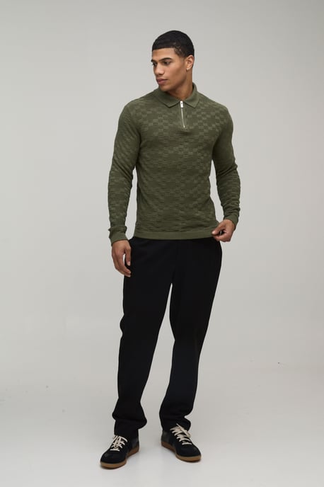 Regular Fit Basket Weave Long Sleeve 1/4 Zip Knitted Polo - Image 4