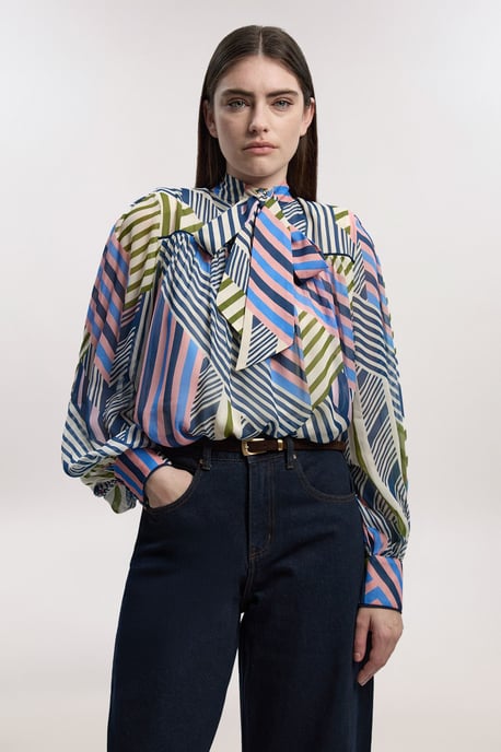 Geo Printed Viscose Georgette Printed Pussybow Woven Blouse - Image 1