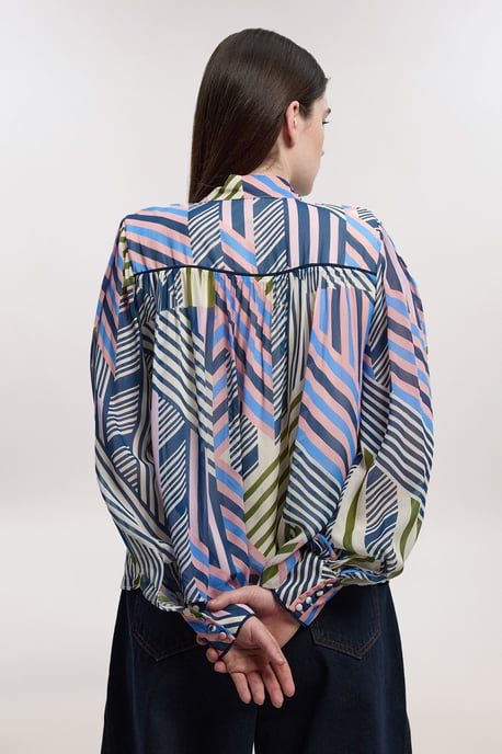 Geo Printed Viscose Georgette Printed Pussybow Woven Blouse - Image 4