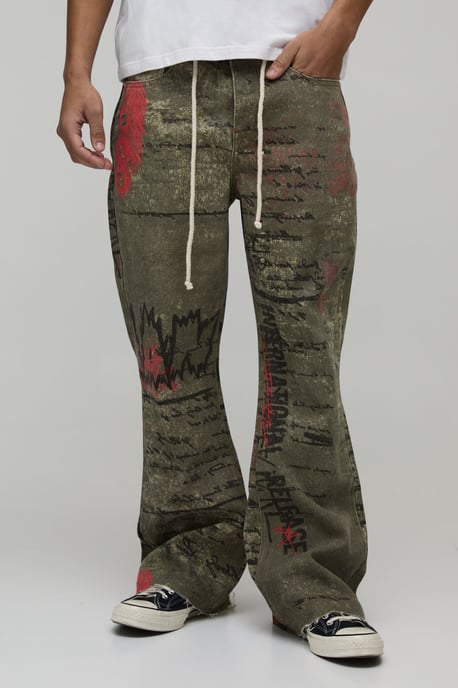 All Over Printed Relaxed Flared Rope Belted Jeans - Image 1