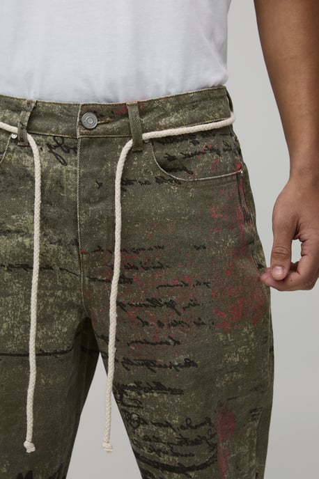 All Over Printed Relaxed Flared Rope Belted Jeans - Image 3