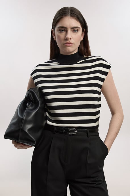 Viscose Blend High Neck Stripe Knitted Tank Top - Image 2