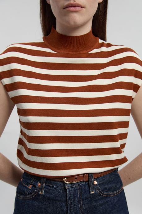 Viscose Blend High Neck Stripe Knitted Tank Top - Image 3