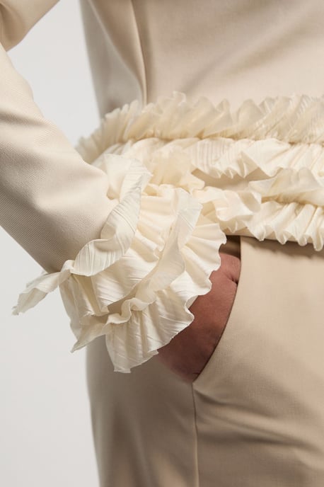 Plus Size Figure Form Bandage Knit Jacket With Woven Ruffle Trim - Image 4
