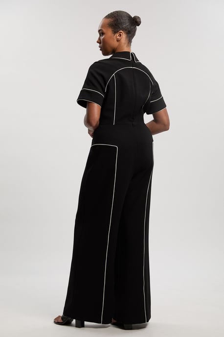 Plus Size Compact Stretch Contrast Tipped Tab Detail Tailored Jumpsuit - Image 3