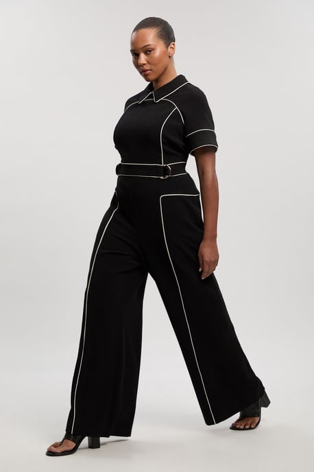 Plus Size Compact Stretch Contrast Tipped Tab Detail Tailored Jumpsuit - Image 4