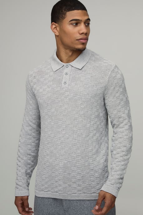 Regular Fit Long Sleeve Basket Weave Knitted Polo - Image 1