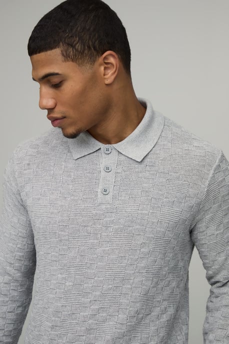 Regular Fit Long Sleeve Basket Weave Knitted Polo - Image 3