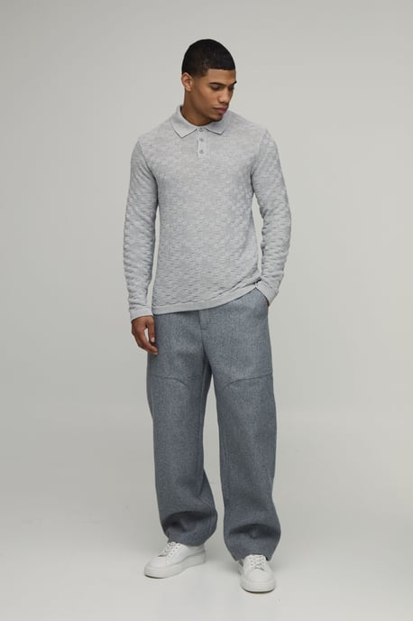Regular Fit Long Sleeve Basket Weave Knitted Polo - Image 4