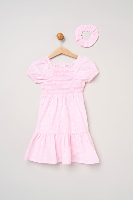 Floral Smocked Embroidery Dress with Matching Scrunchie - Image 1