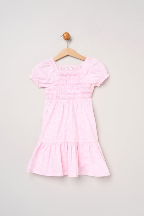 Floral Smocked Embroidery Dress with Matching Scrunchie - Image 2