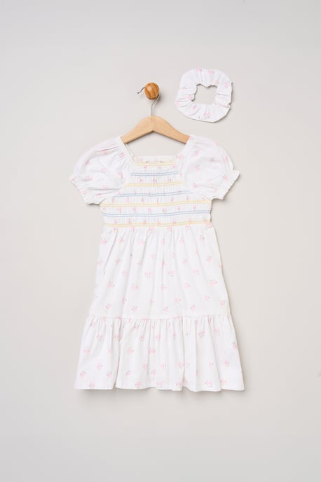 Butterfly Embroidered Smocked Dress with Scrunchie - Image 1