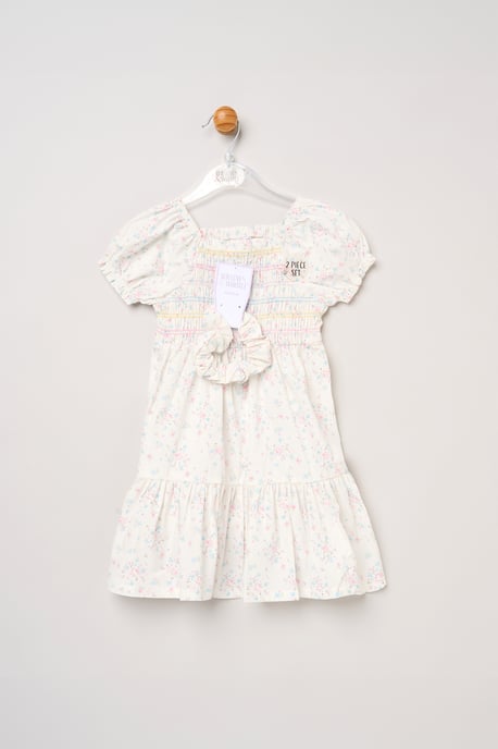 Floral Embroidered Smocked Dress with Scrunchie - Image 4