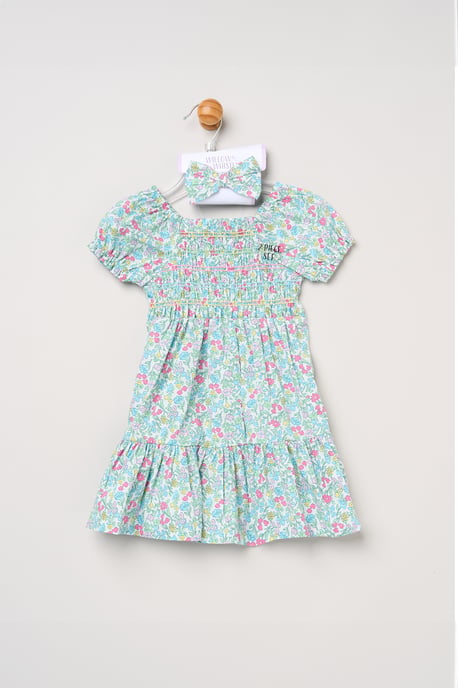 Floral Embroidered Smocked Dress with Headband - Image 5