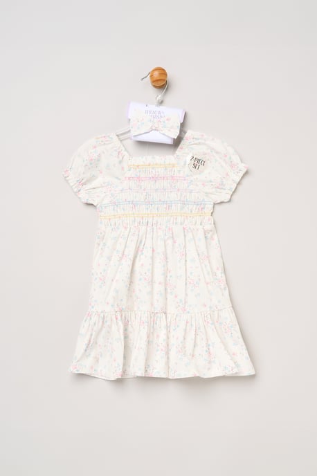 Floral Embroidered Smocked Dress with Headband - Image 5