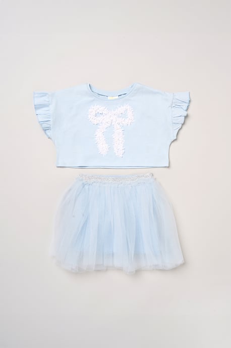 Bow Applique Short Sleeve T-Shirt and Tutu Skirt Outfit Set - Image 1