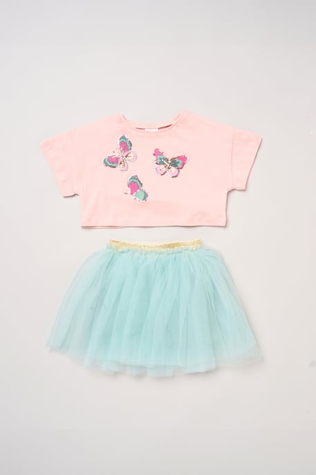 Butterfly Applique Short Sleeve T-Shirt and Tutu Skirt Outfit Set - Image 1