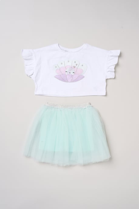 Sea Shell Applique Short Sleeve T-Shirt and Tutu Skirt Outfit Set - Image 1